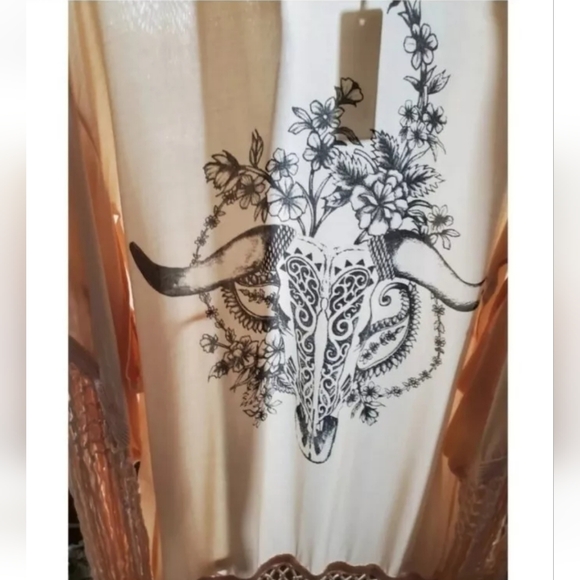 Vintage Spell Designs RARE Neutral Fringe Graphic Bohemian Kimono Coverup OS - Picture 4 of 9